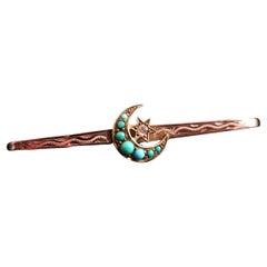 Antique Turquoise and Diamond Crescent and Star Brooch, 9 Karat Rose Gold 