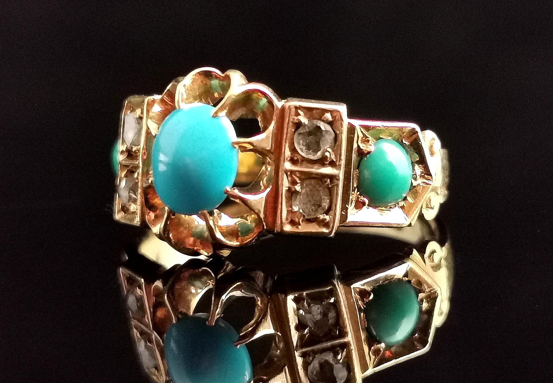 Art Nouveau Antique Turquoise and Diamond Ring, 18k Yellow Gold, 1910s  For Sale