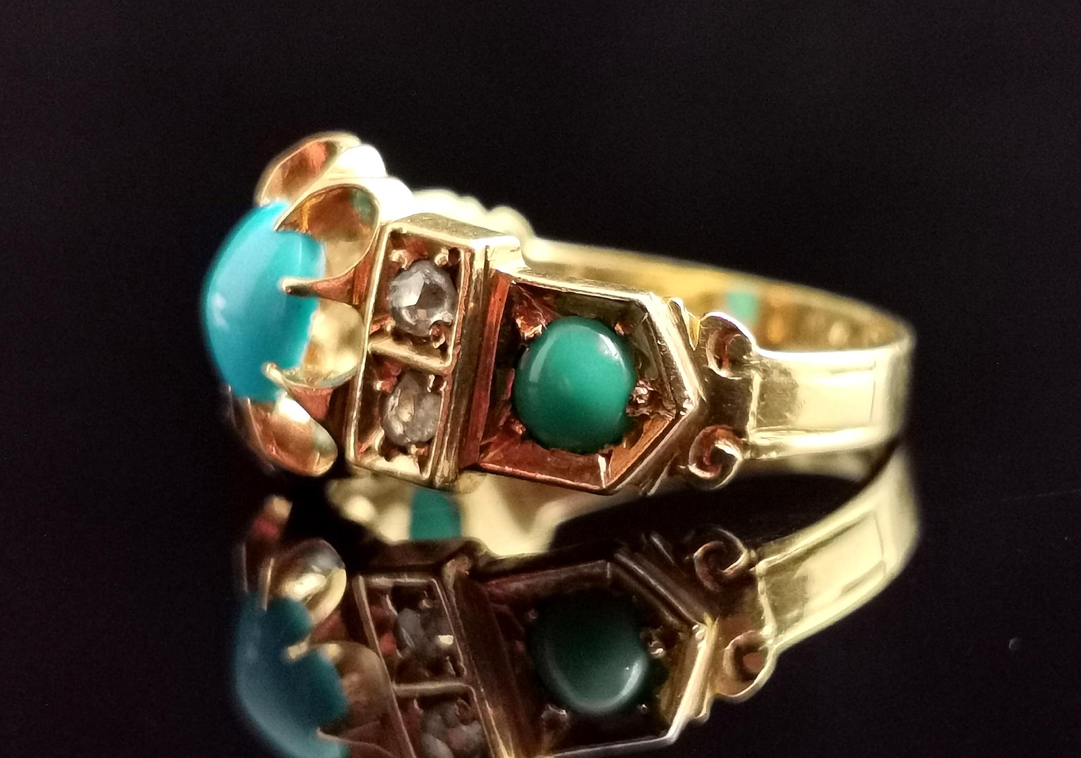 Cabochon Antique Turquoise and Diamond Ring, 18k Yellow Gold, 1910s  For Sale
