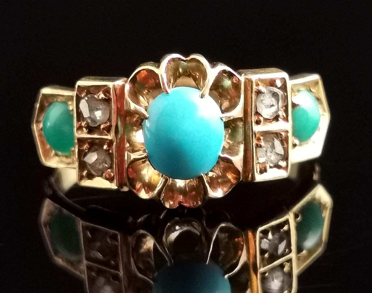 Women's Antique Turquoise and Diamond Ring, 18k Yellow Gold, 1910s  For Sale