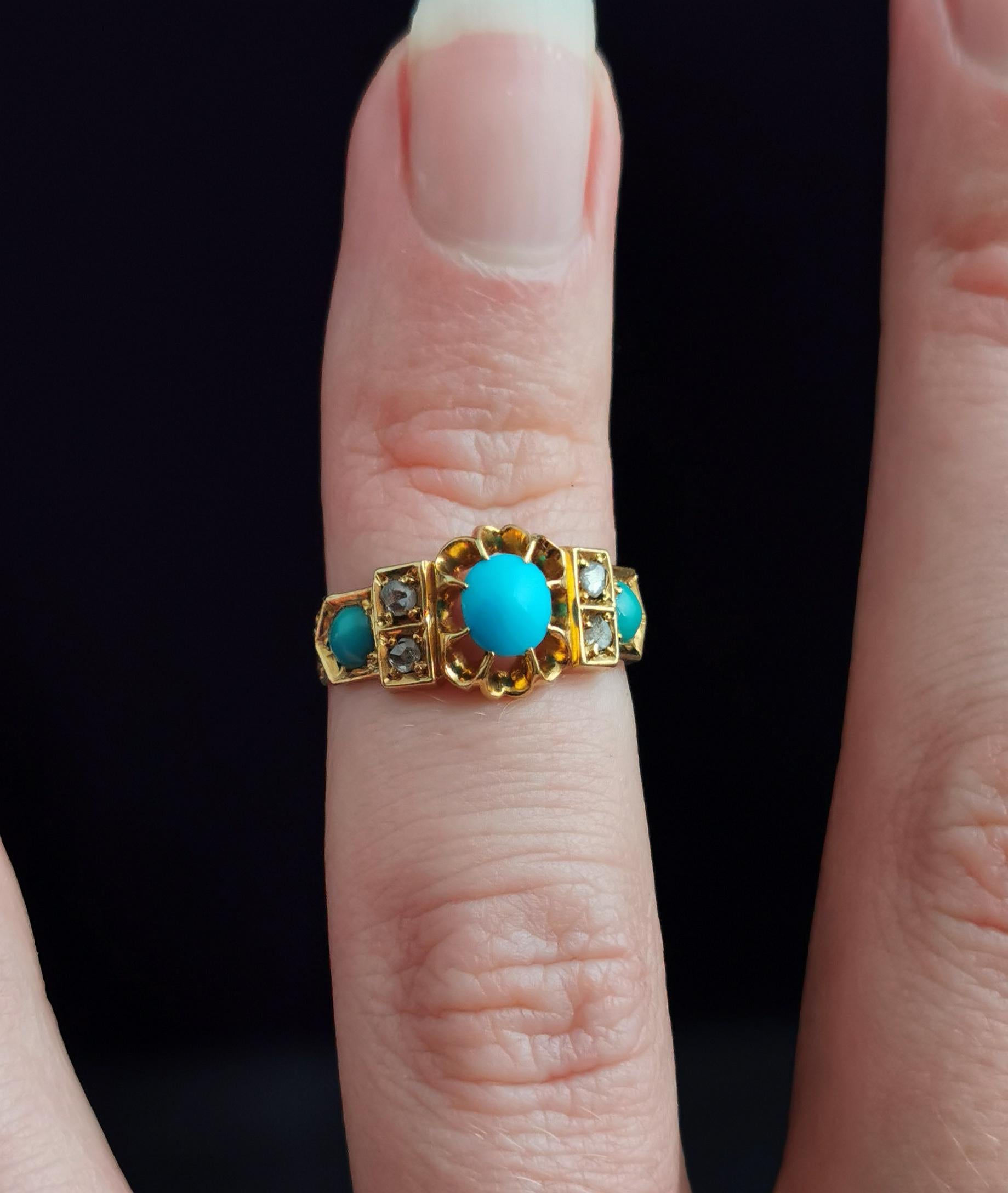 Antique Turquoise and Diamond Ring, 18k Yellow Gold, 1910s  For Sale 2
