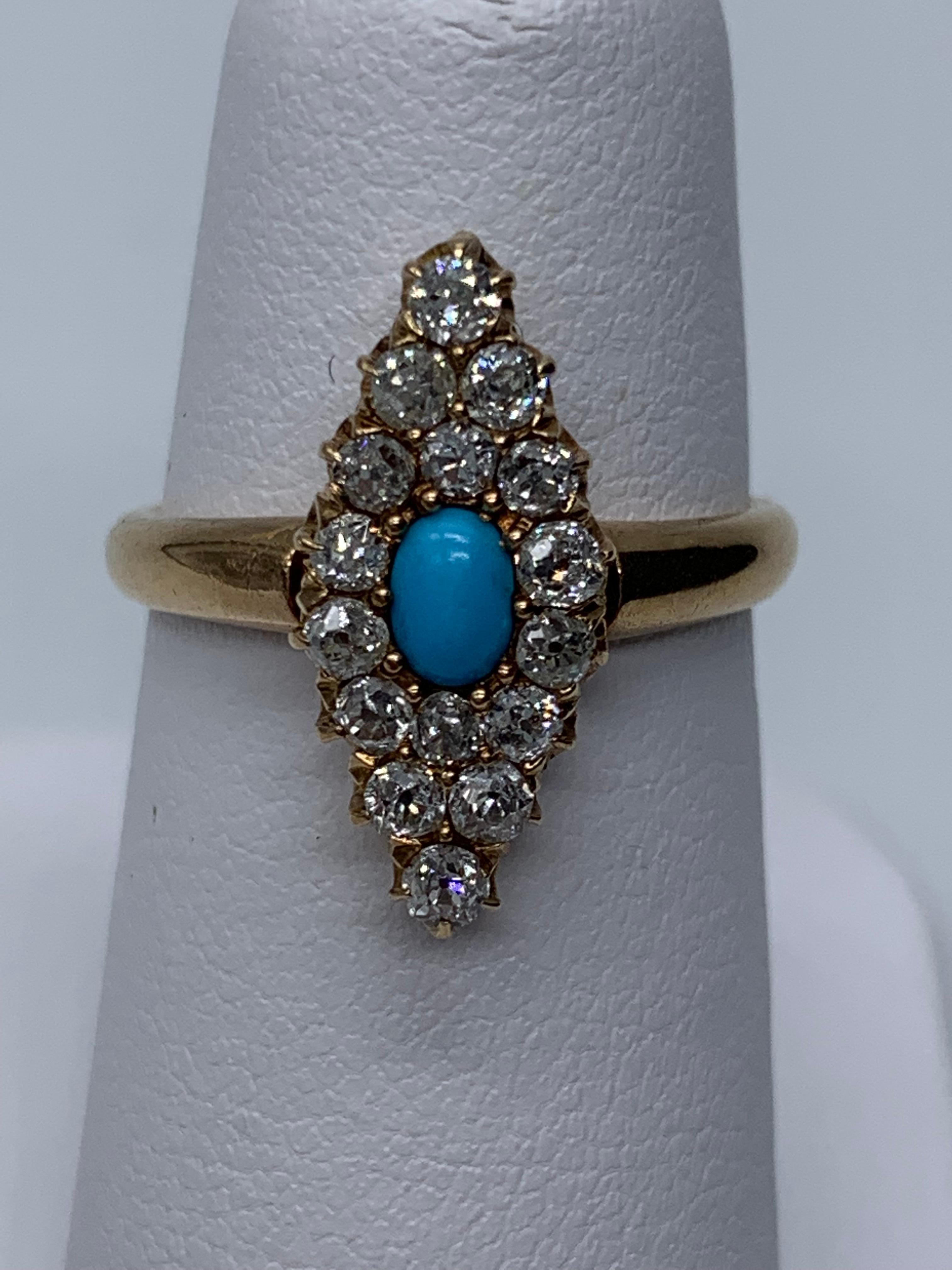 Oval Cut Antique Turquoise and Diamond Ring For Sale