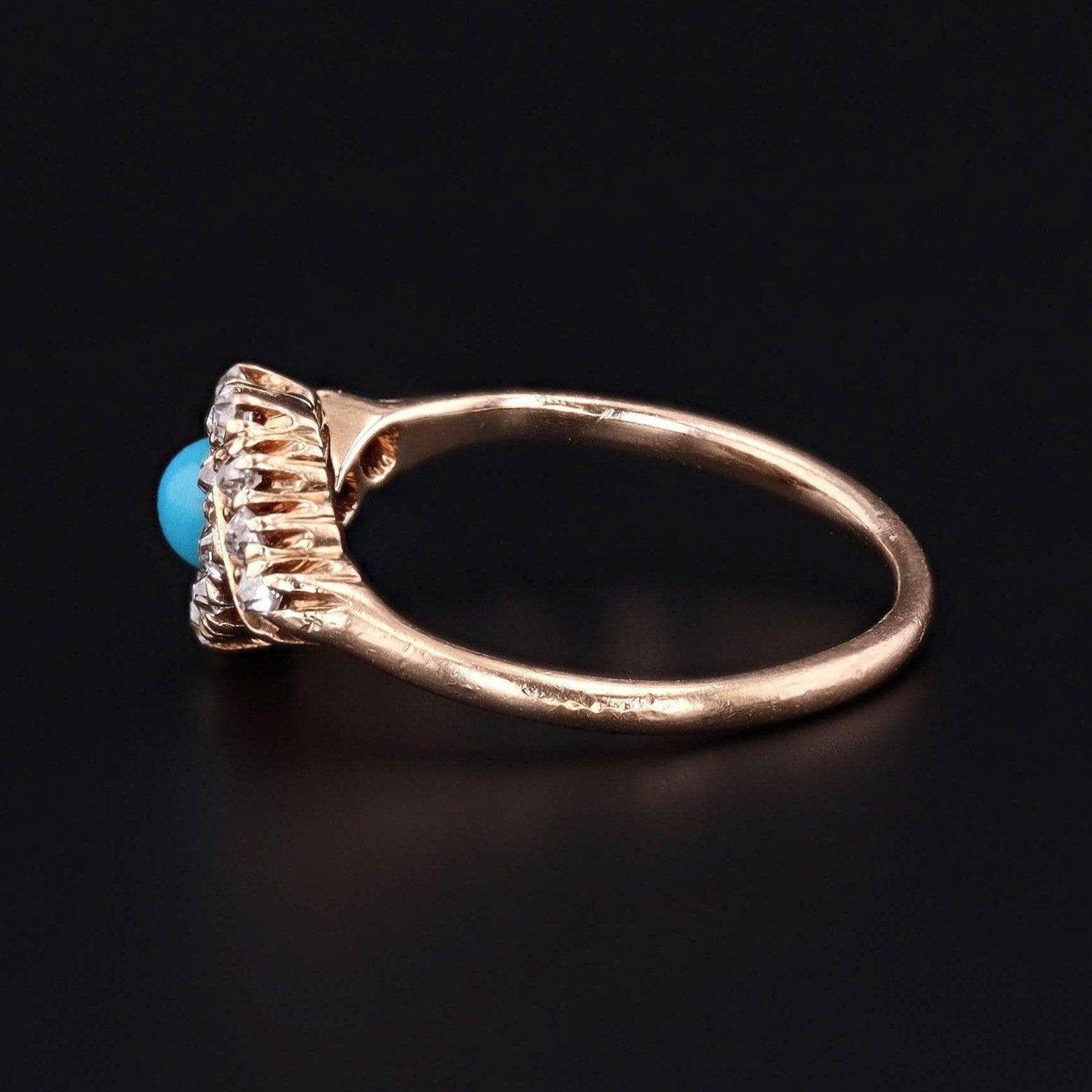Cabochon Anello antico con turchese e diamanti in oro 14k in vendita
