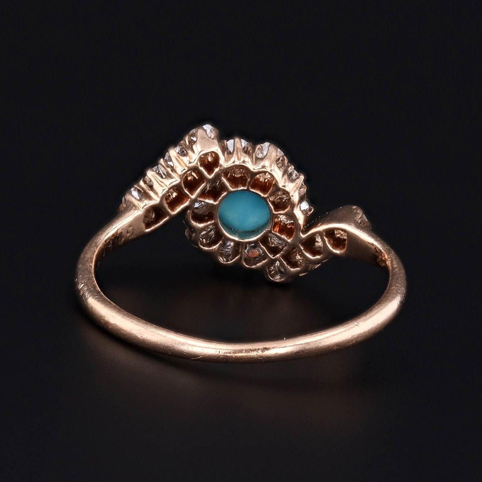Anello antico con turchese e diamanti in oro 14k In condizioni ottime in vendita a Lewisburg, PA