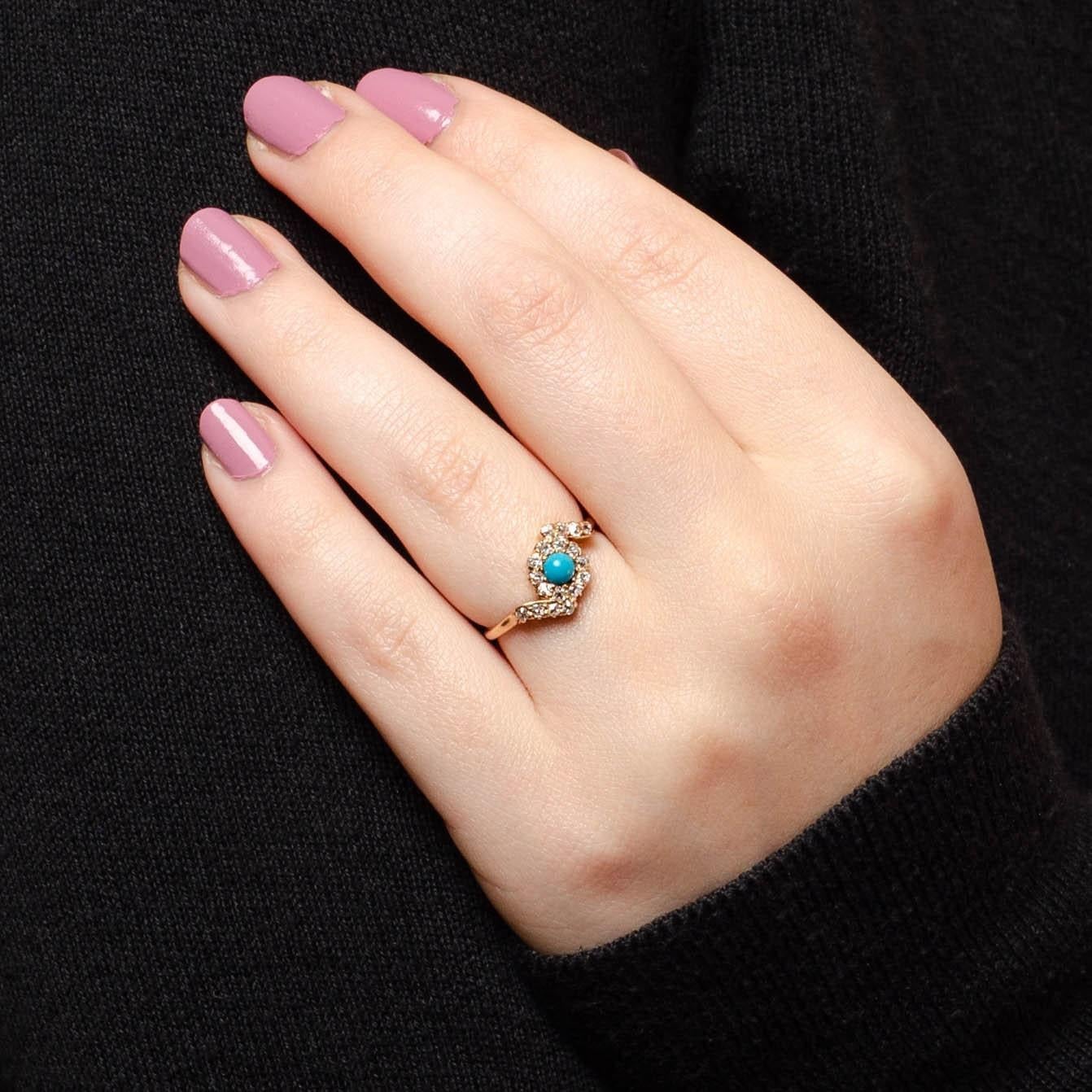 Donna Anello antico con turchese e diamanti in oro 14k in vendita