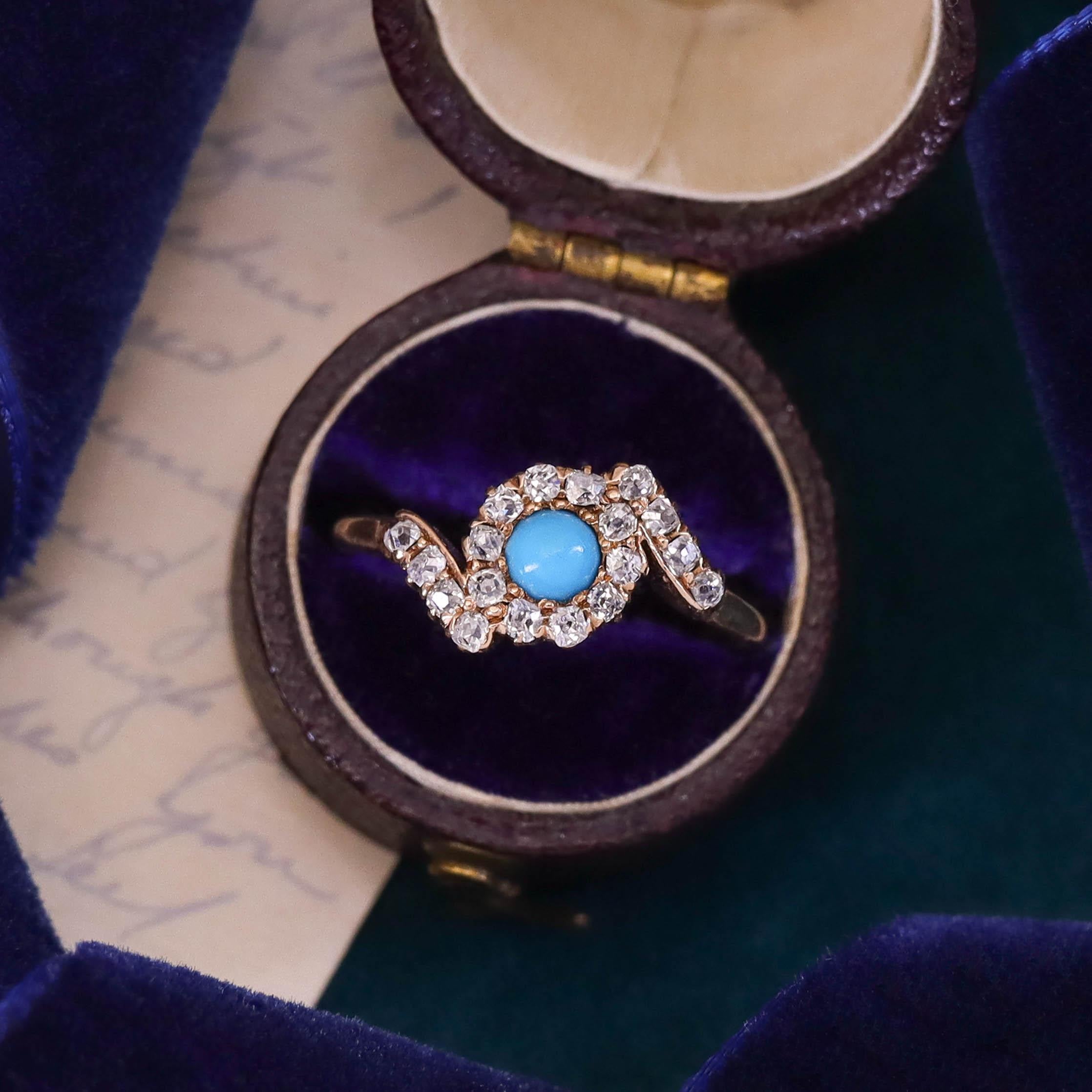 Antiker Türkis- und Diamantring aus 14 Karat Gold im Angebot 1