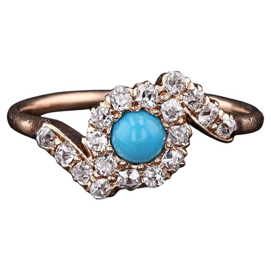 Antique Turquoise and Diamond Ring of 14k Gold