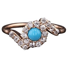 Antique Turquoise and Diamond Ring of 14k Gold