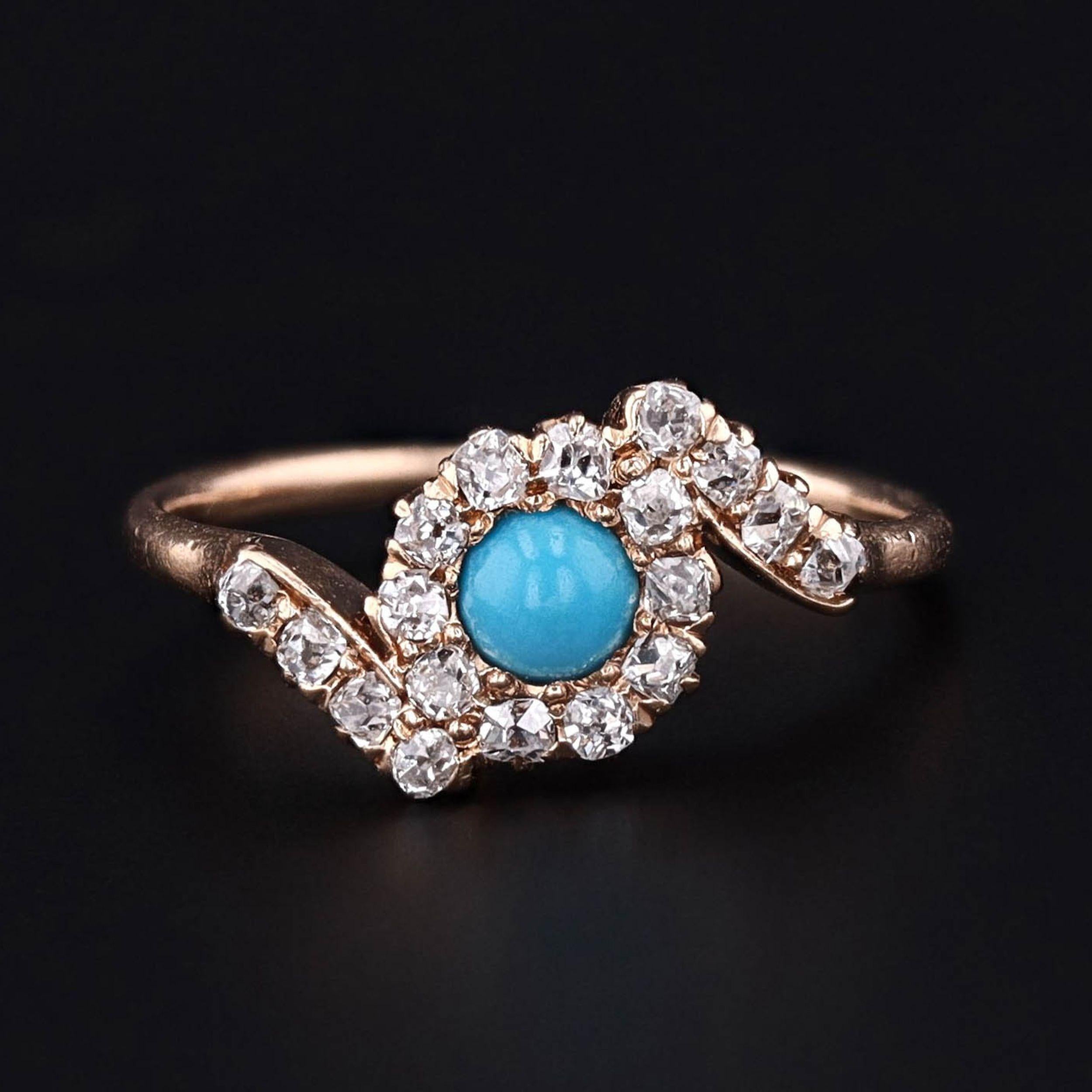 Anello antico con turchese e diamanti in oro 14k
