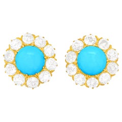 Antique Turquoise and Diamond-Set Gold Earrings