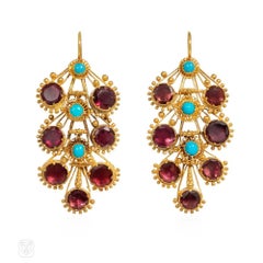 Boucles d'oreilles anciennes en forme de bouquet, en turquoise et grenat