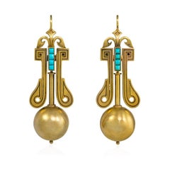 Pendientes antiguos de turquesa y cuentas de oro