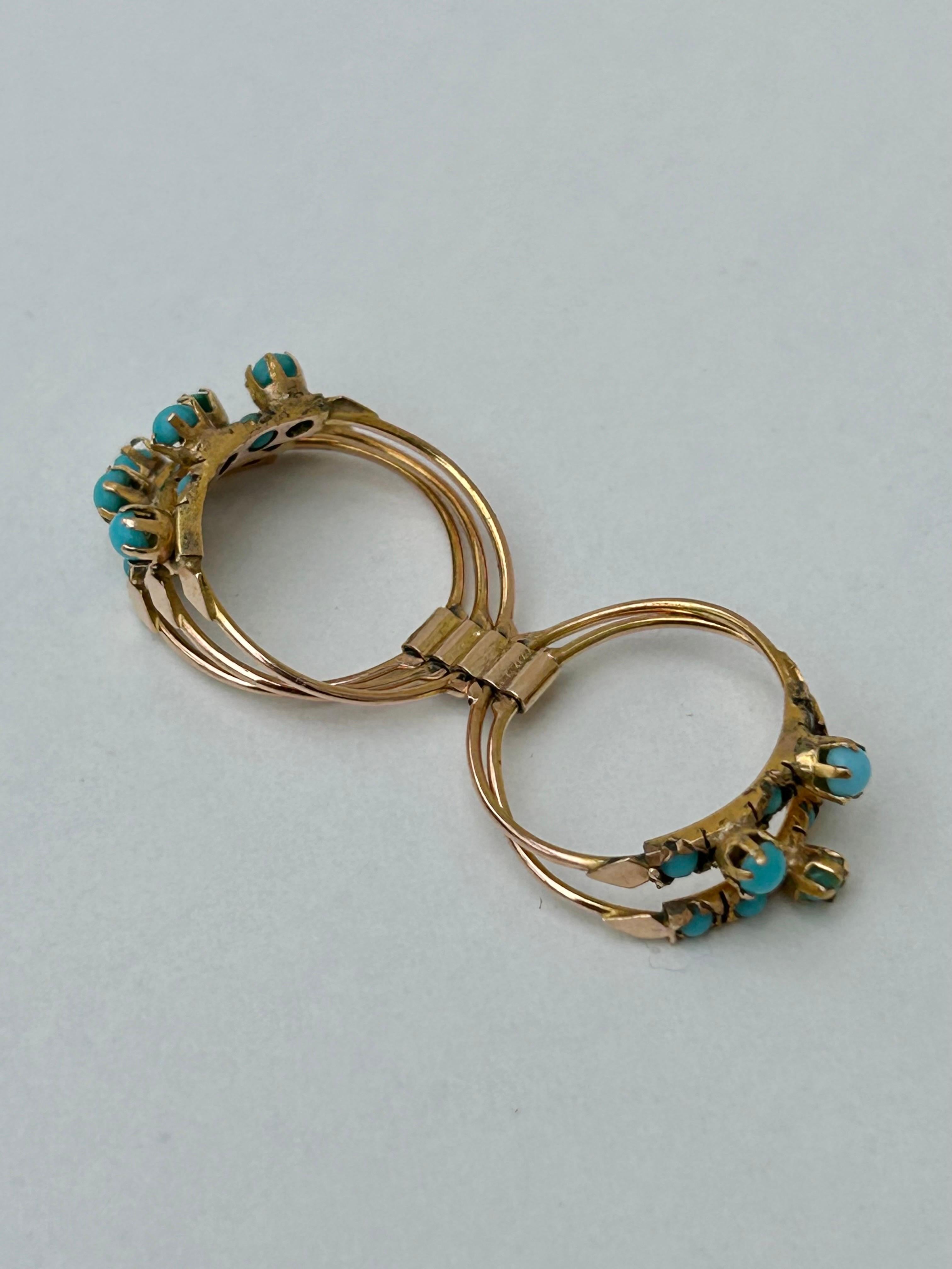 Cabochon Antique Turquoise and Gold Multirow Hareem Ring For Sale