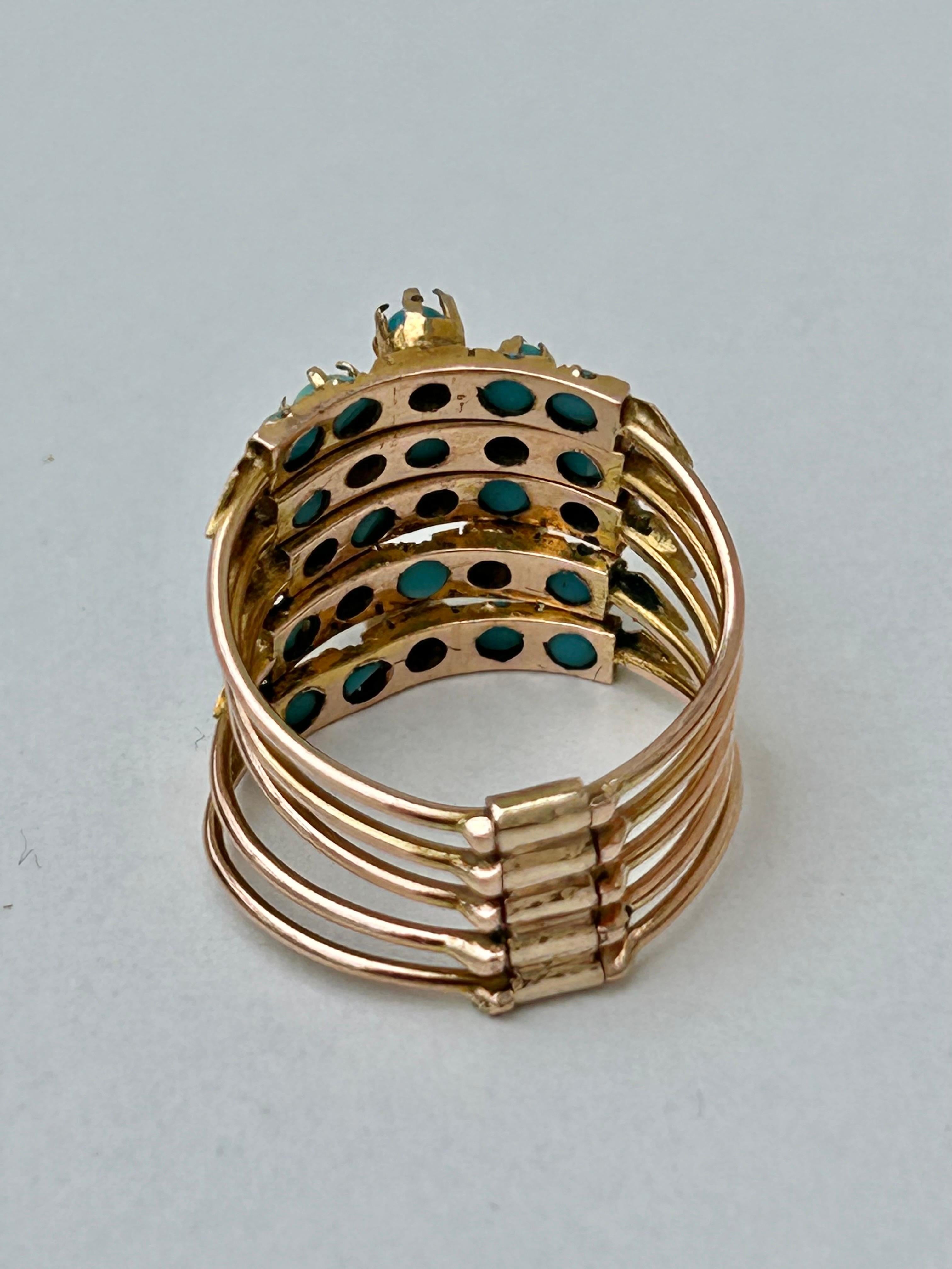 Women's or Men's Antique Turquoise and Gold Multirow Hareem Ring