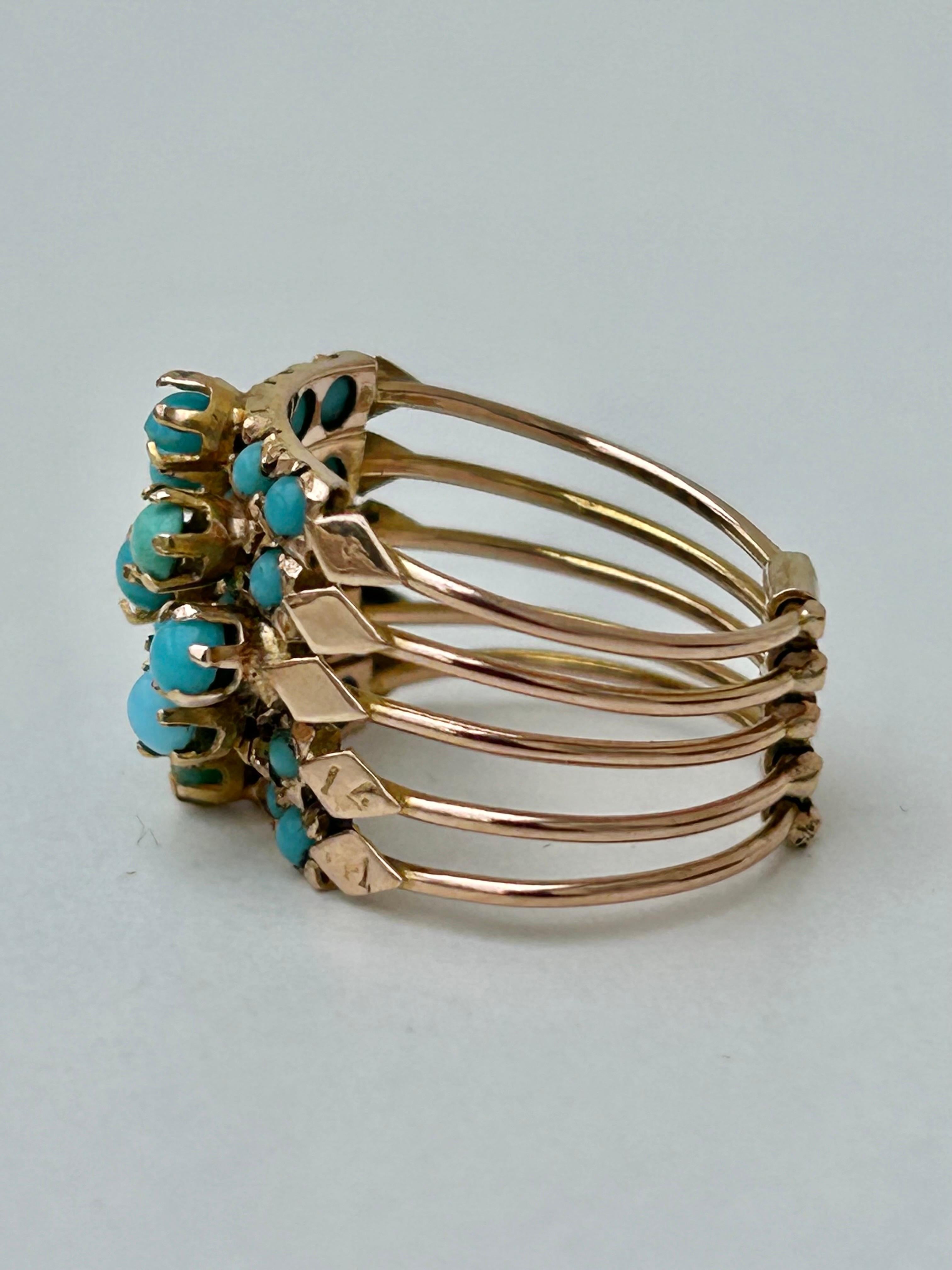 Antique Turquoise and Gold Multirow Hareem Ring For Sale 1