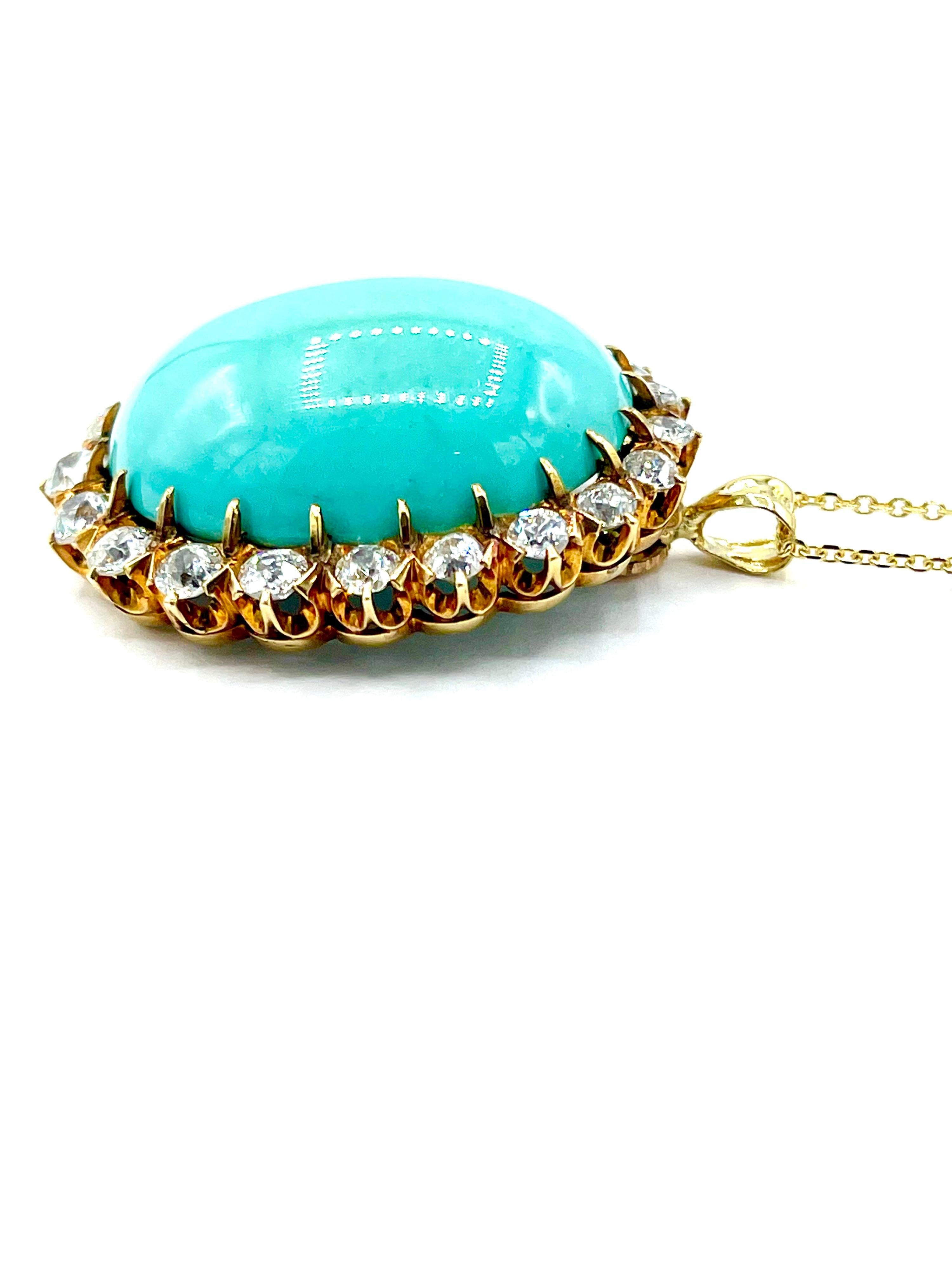 Cabochon Antique Turquoise and Old European Cut Diamond 18k Yellow Gold Pendant