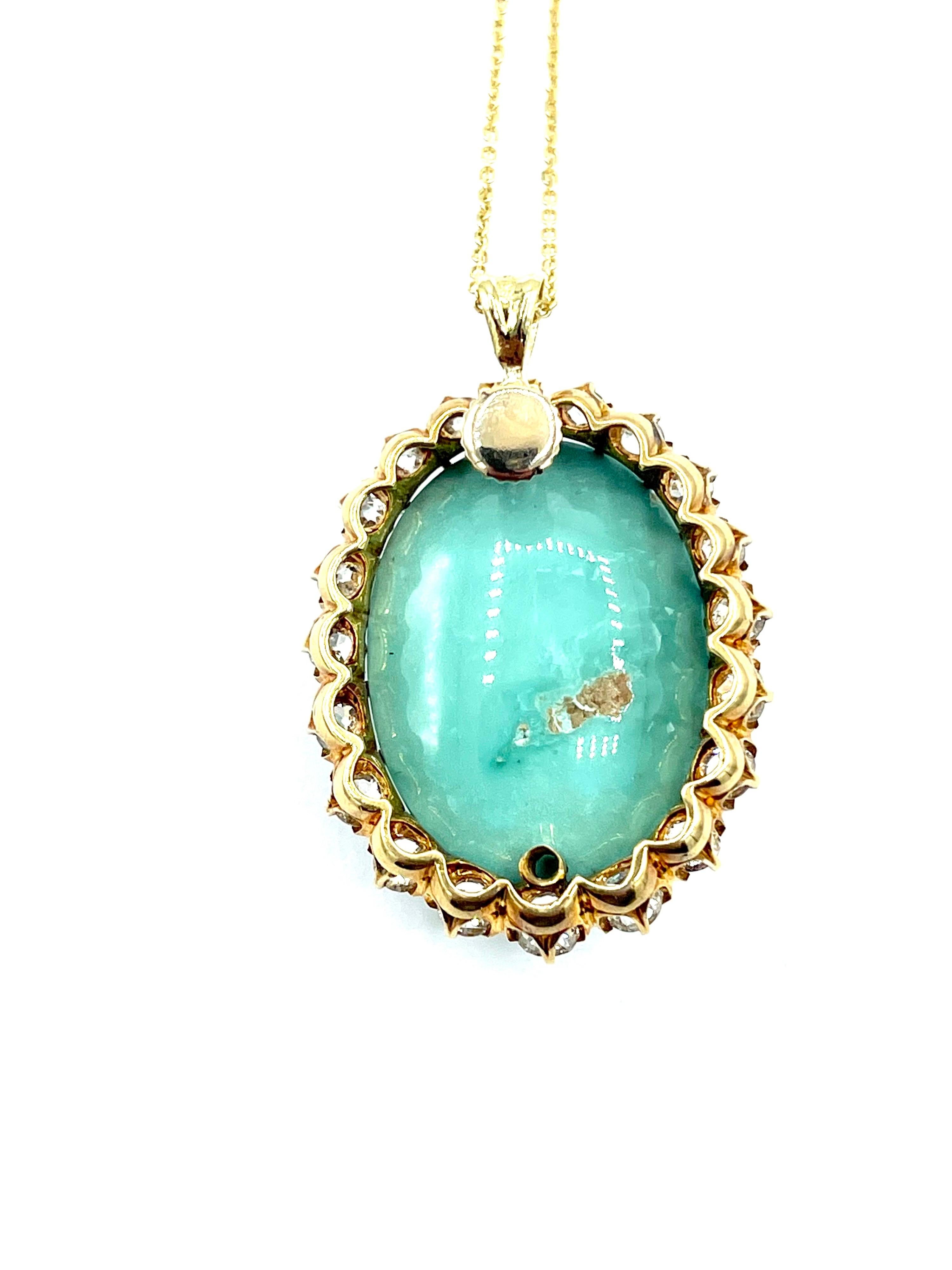 Antique Turquoise and Old European Cut Diamond 18k Yellow Gold Pendant In Excellent Condition In Chevy Chase, MD