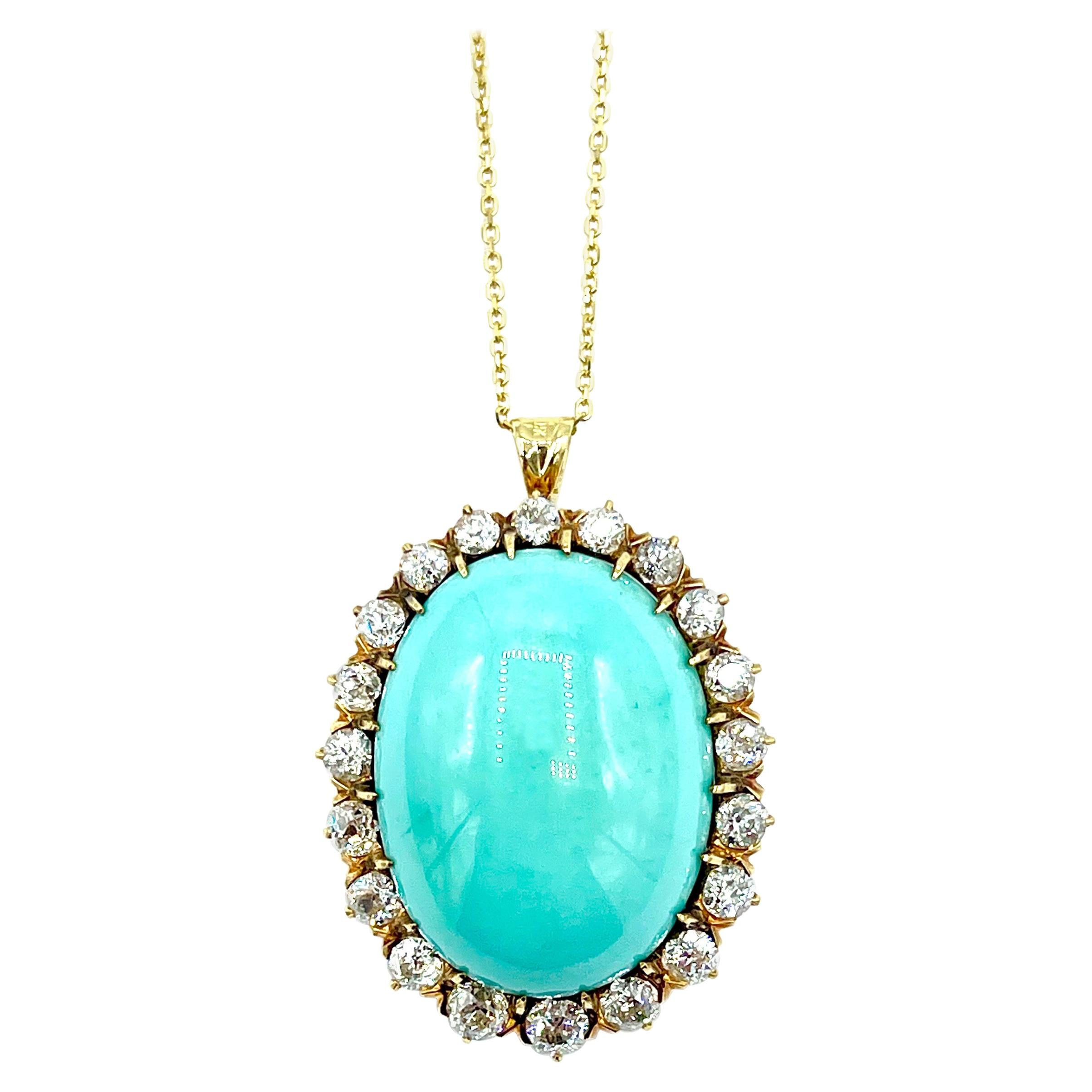 Antique Turquoise and Old European Cut Diamond 18k Yellow Gold Pendant