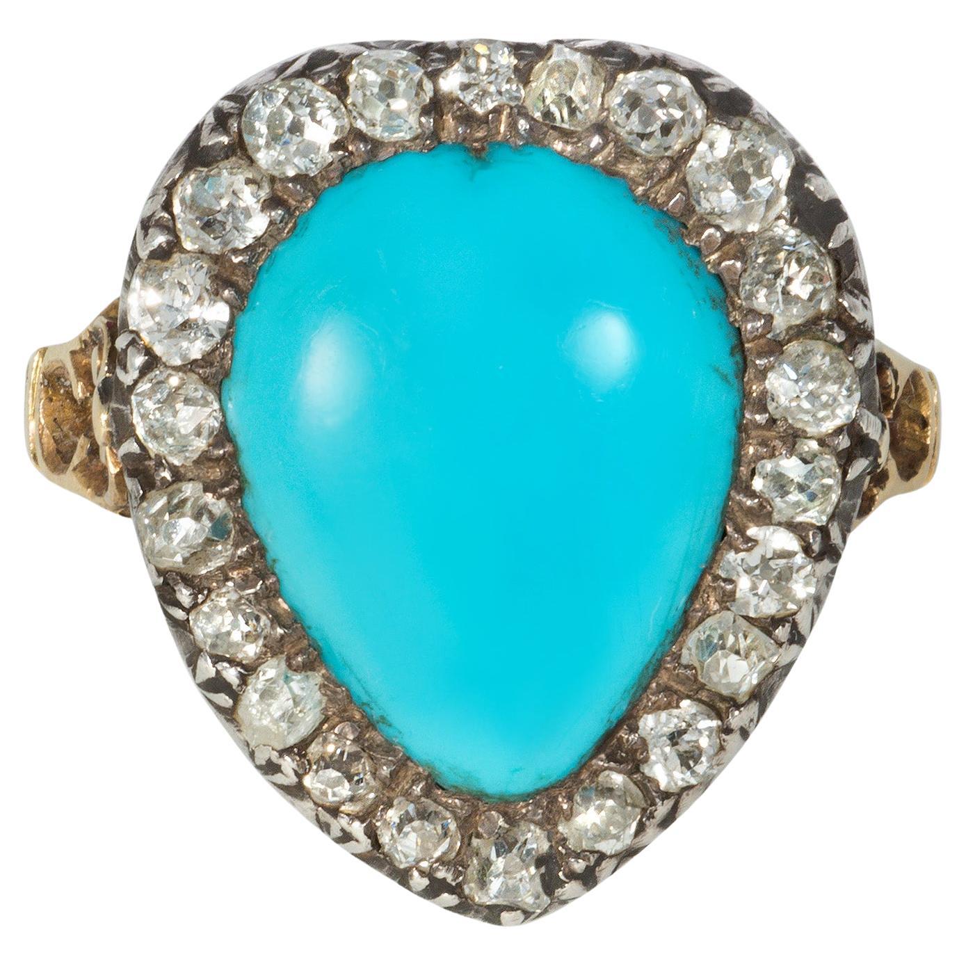 Antique Turquoise and Old Mine Diamond Heart-Shaped Ring For Sale