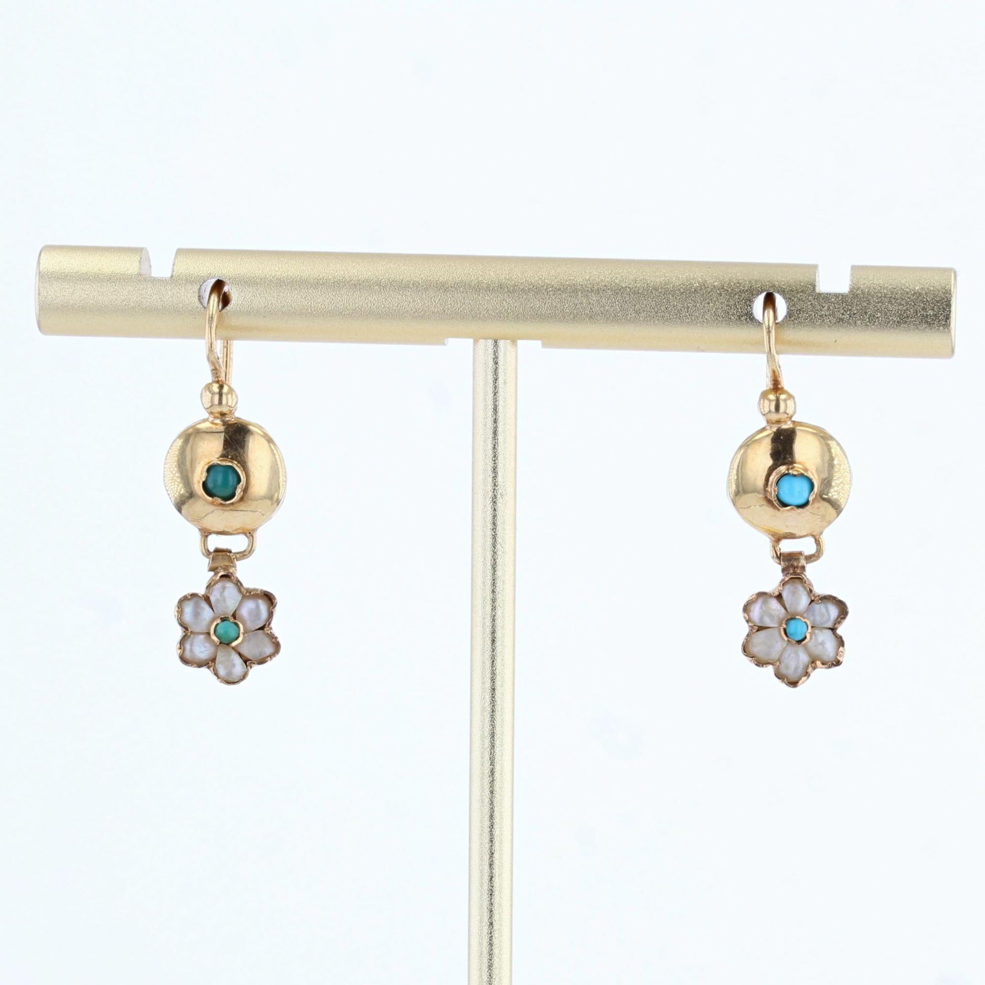 Contemporary Antique Turquoise and Pearl 18 Karat Yellow Gold Dangle Earrings