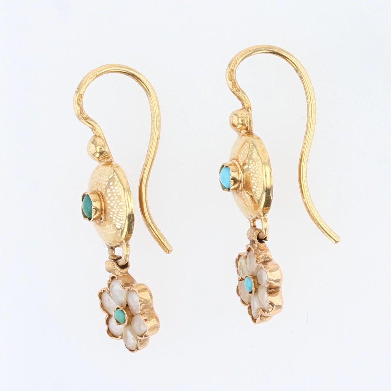 Women's Antique Turquoise and Pearl 18 Karat Yellow Gold Dangle Earrings