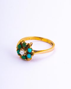 Antique Turquoise and Pearl 9 Carat Gold Cluster Ring