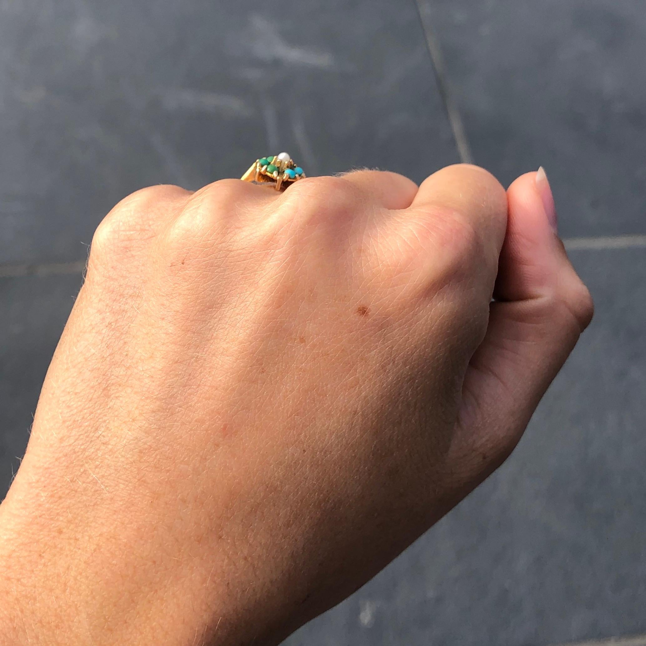 Victorian Antique Turquoise and Pearl 9 Carat Gold Cluster Ring For Sale