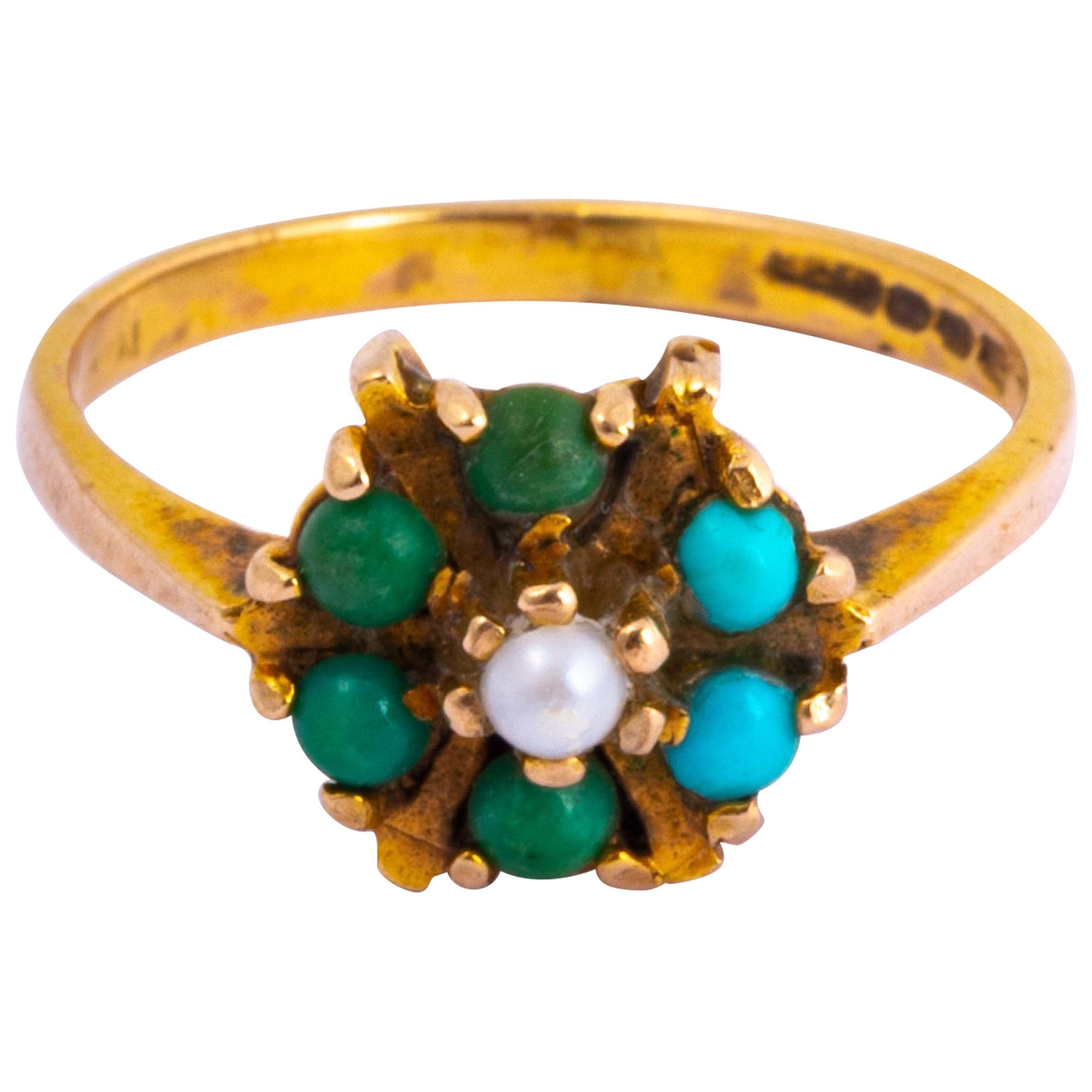 Antique Turquoise and Pearl 9 Carat Gold Cluster Ring For Sale