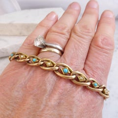 Antique Turquoise and Pearl Bracelet, Rose Gold Curb Link Chain, circa 1899