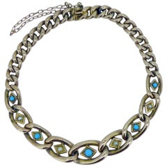 Antique Turquoise and Pearl Bracelet, Rose Gold Curb Link Chain, circa 1899