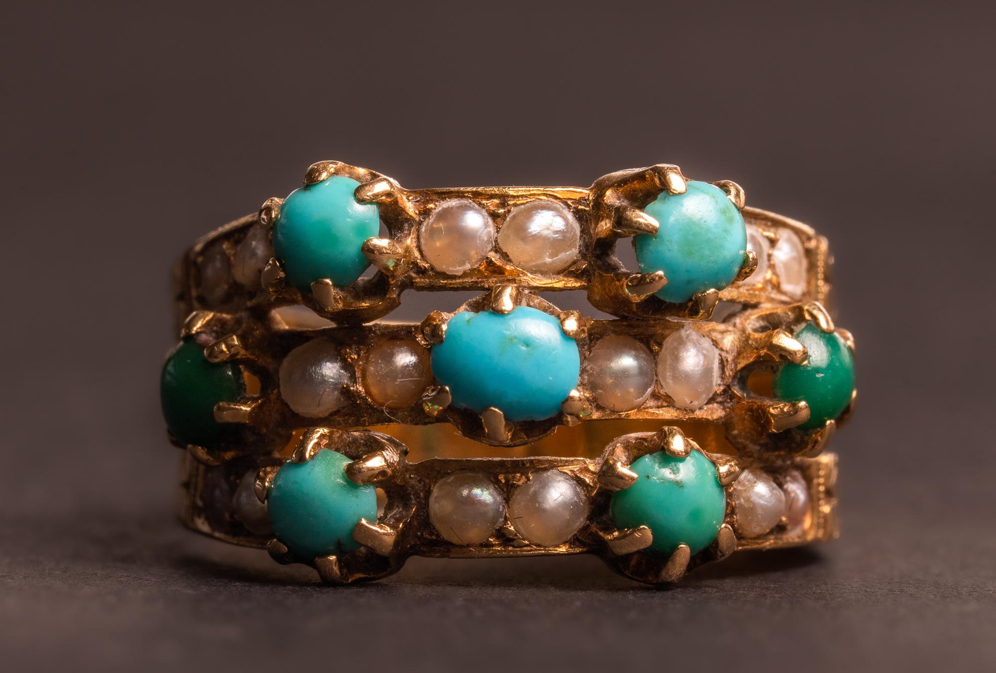 Cabochon Antique Turquoise and Pearl Harem Gold Ring, Antique French 18k Gold Ring 
