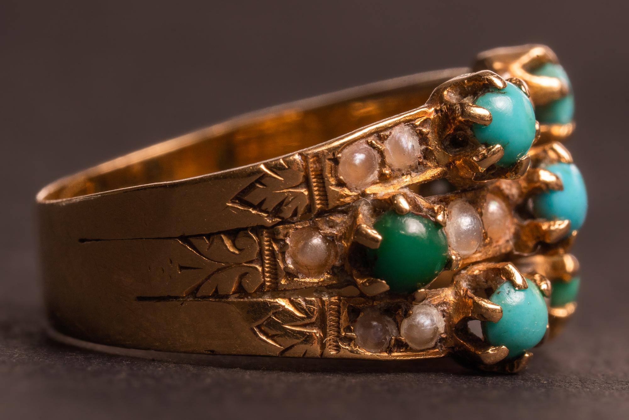 Antique Turquoise and Pearl Harem Gold Ring, Antique French 18k Gold Ring  In Good Condition In Rottedam, NL