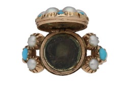 Antique turquoise and pearl locket memorial ring, circa 1837.