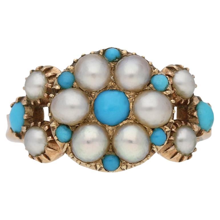 Antique turquoise and pearl locket memorial ring, circa 1837. For Sale