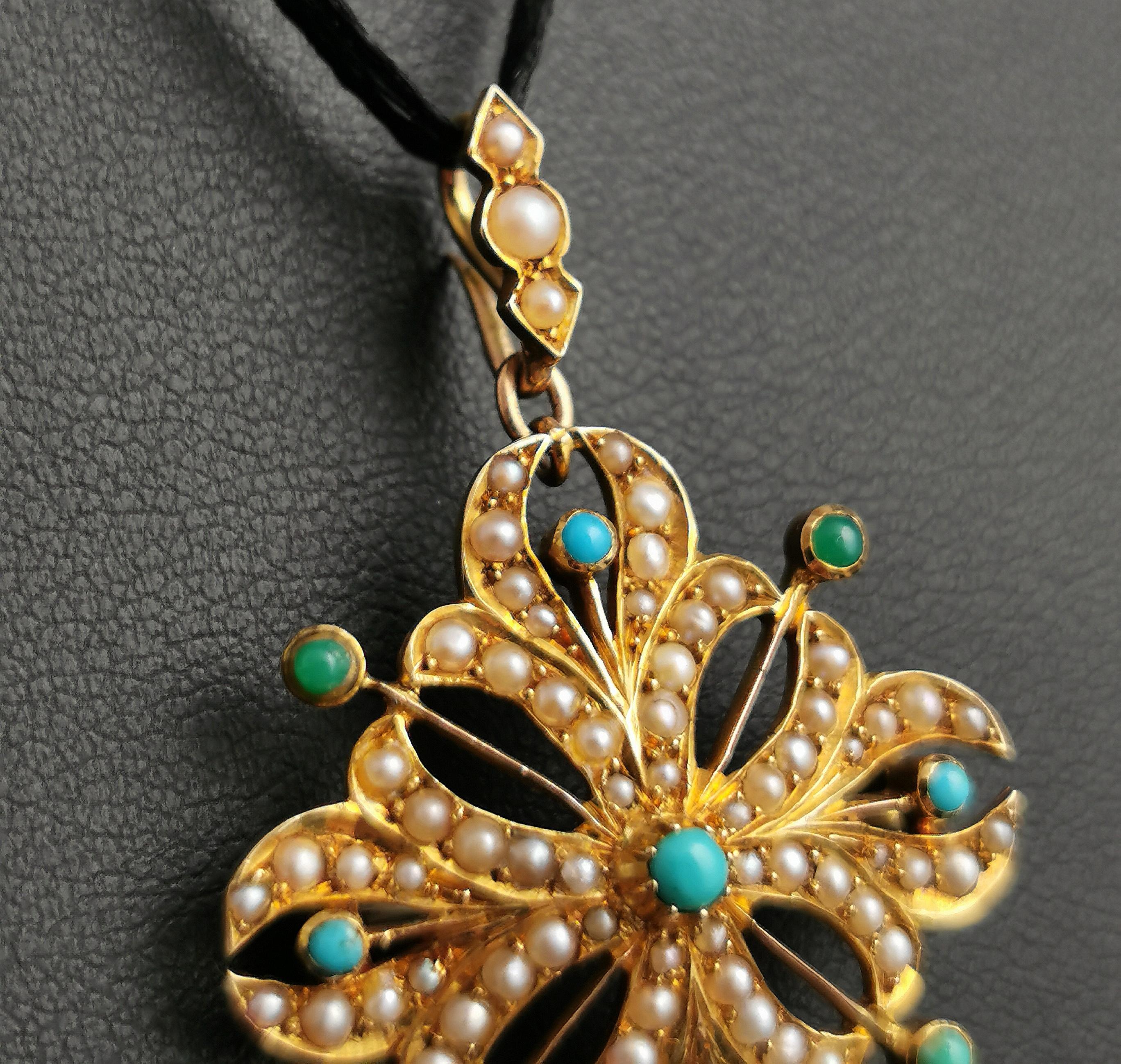 Women's Antique Turquoise and Pearl Pendant Brooch, Art Nouveau, 15k Gold