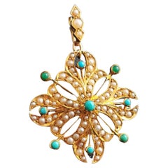 Antique Turquoise and Pearl Pendant Brooch, Art Nouveau, 15k Gold