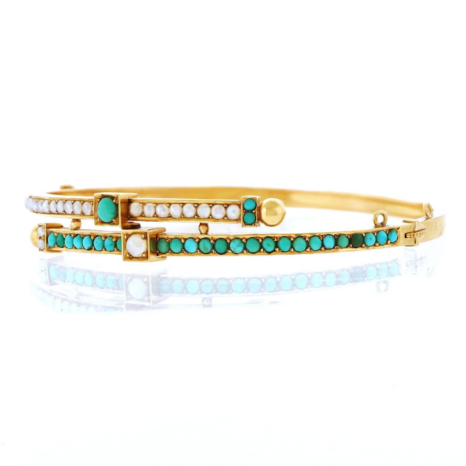 Antique Turquoise and Pearl Set Gold Bangle 5