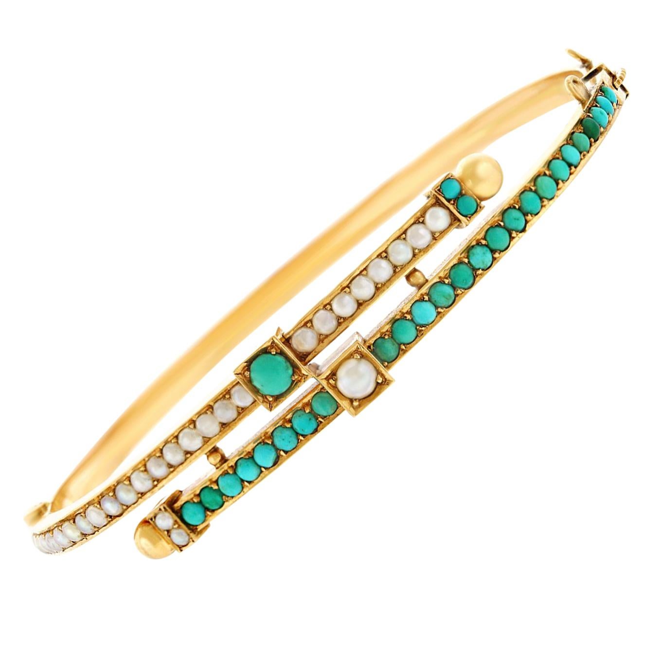Antique Turquoise and Pearl Set Gold Bangle