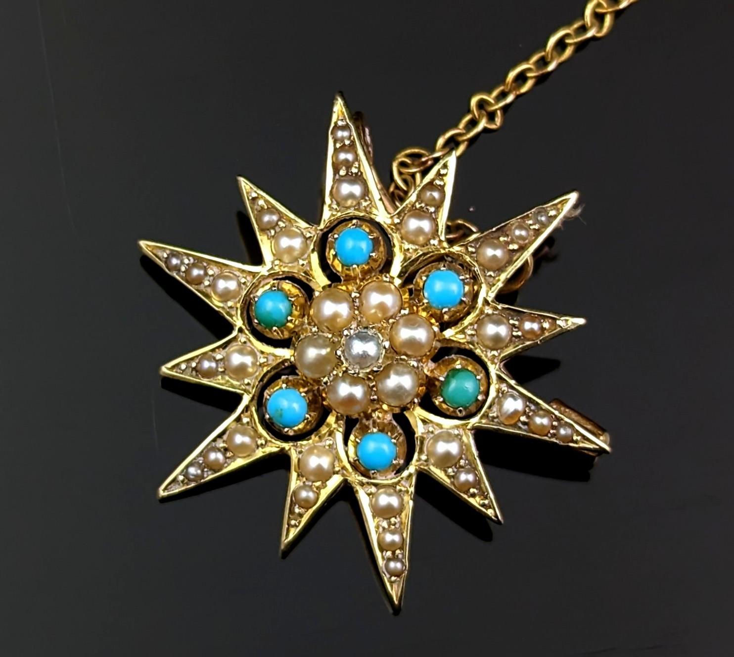 Antique Turquoise and Pearl Star Pendant Brooch, 15k Yellow Gold 2