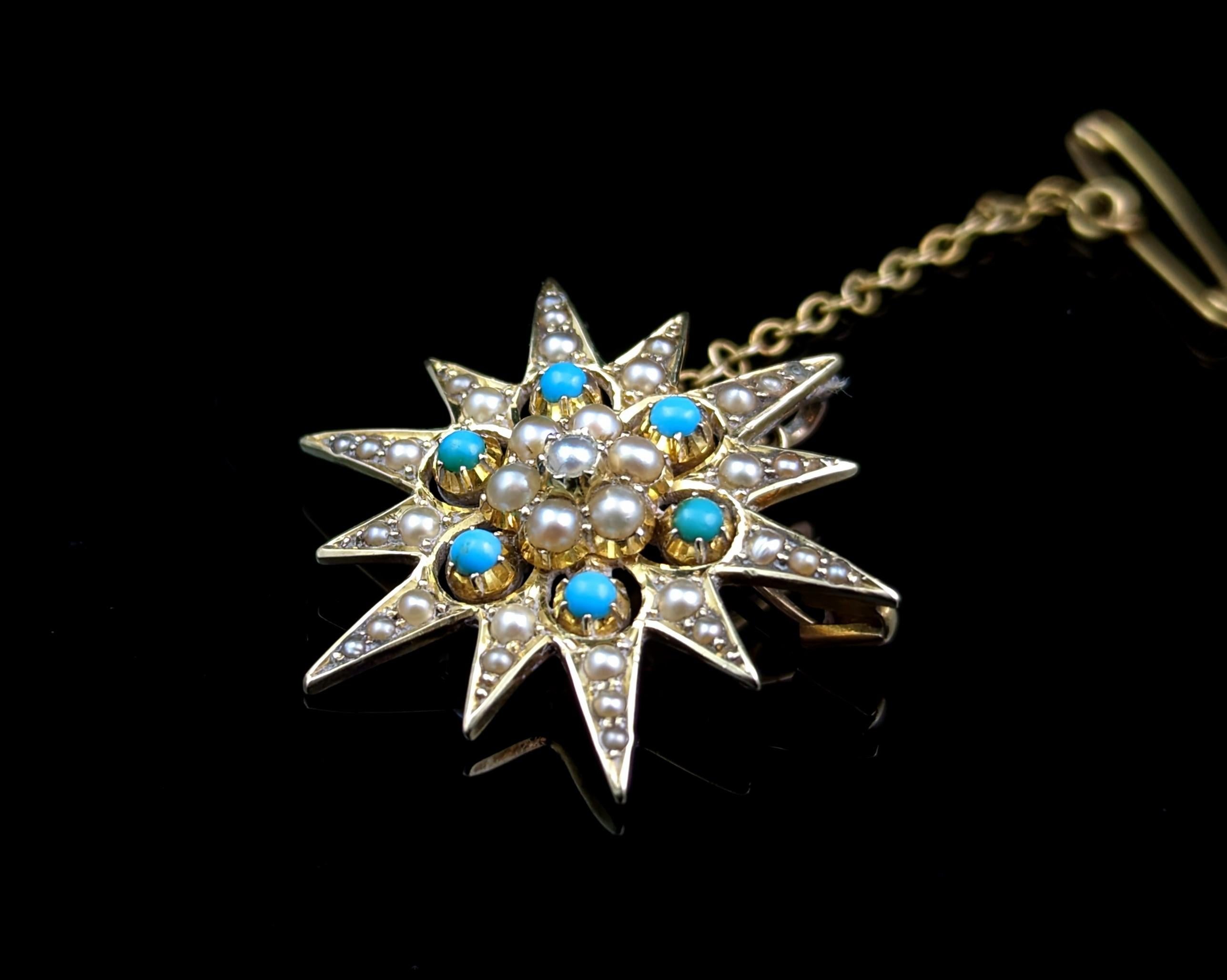 Antique Turquoise and Pearl Star Pendant Brooch, 15k Yellow Gold 3