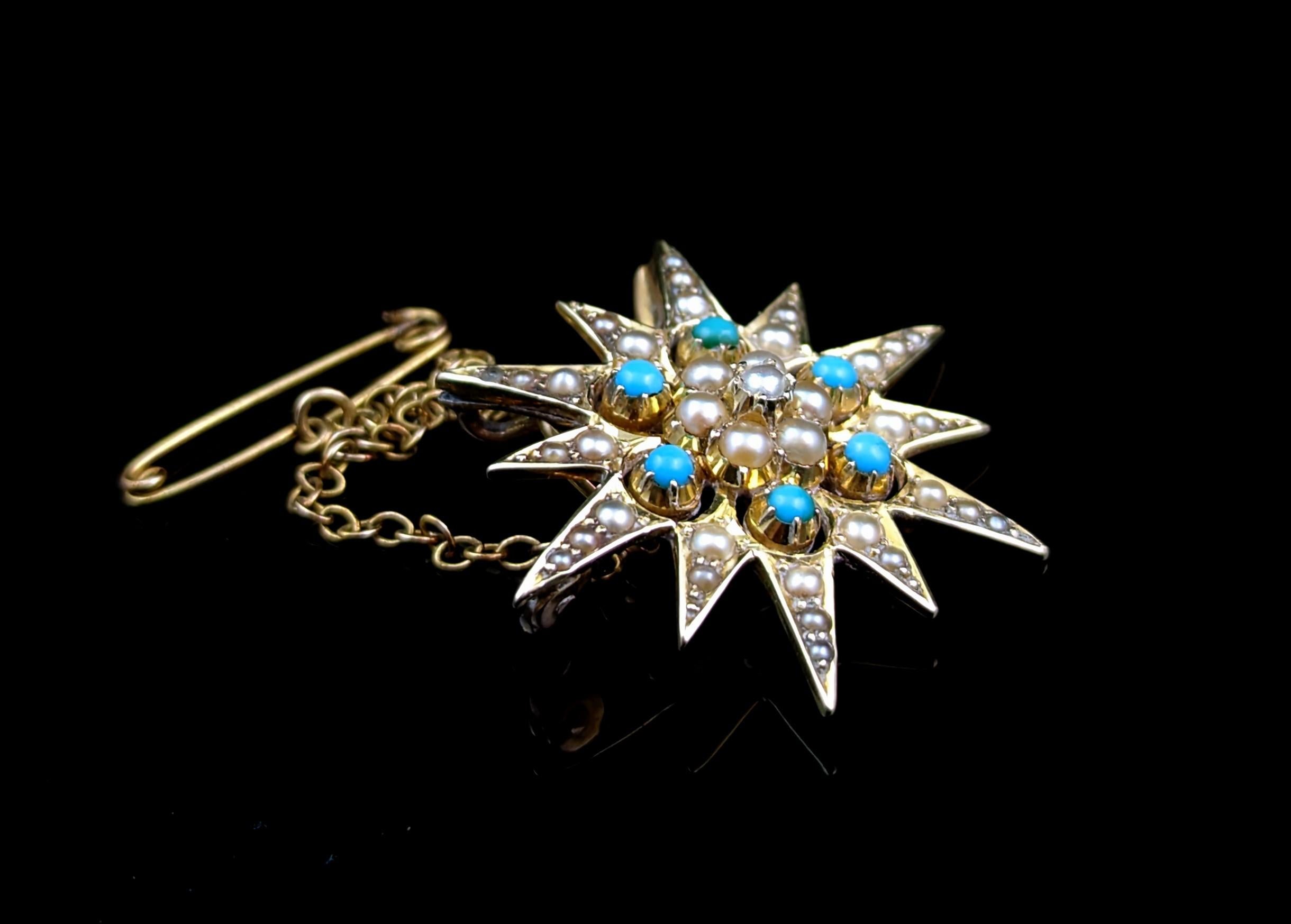 Antique Turquoise and Pearl Star Pendant Brooch, 15k Yellow Gold 4