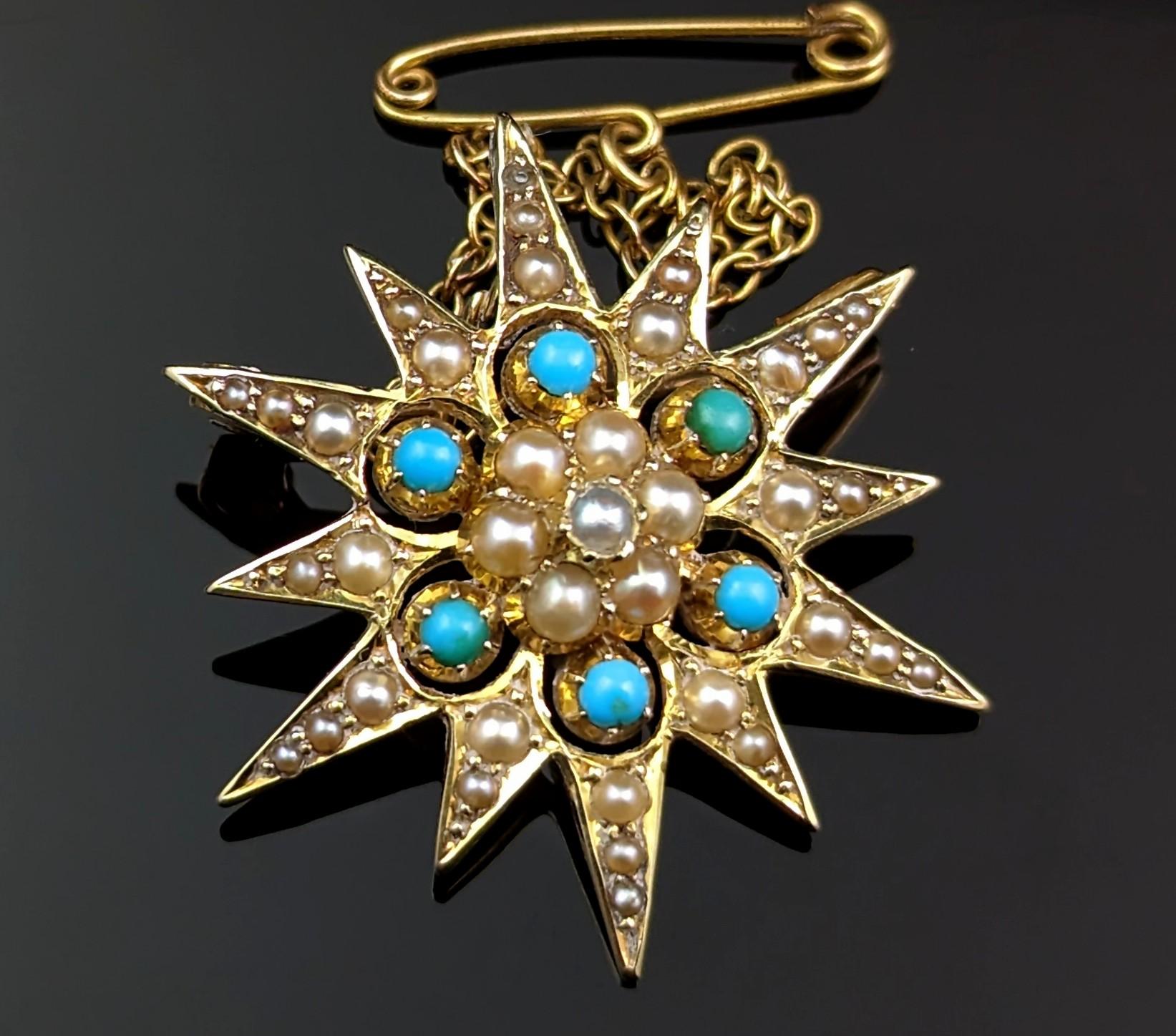 Antique Turquoise and Pearl Star Pendant Brooch, 15k Yellow Gold 5