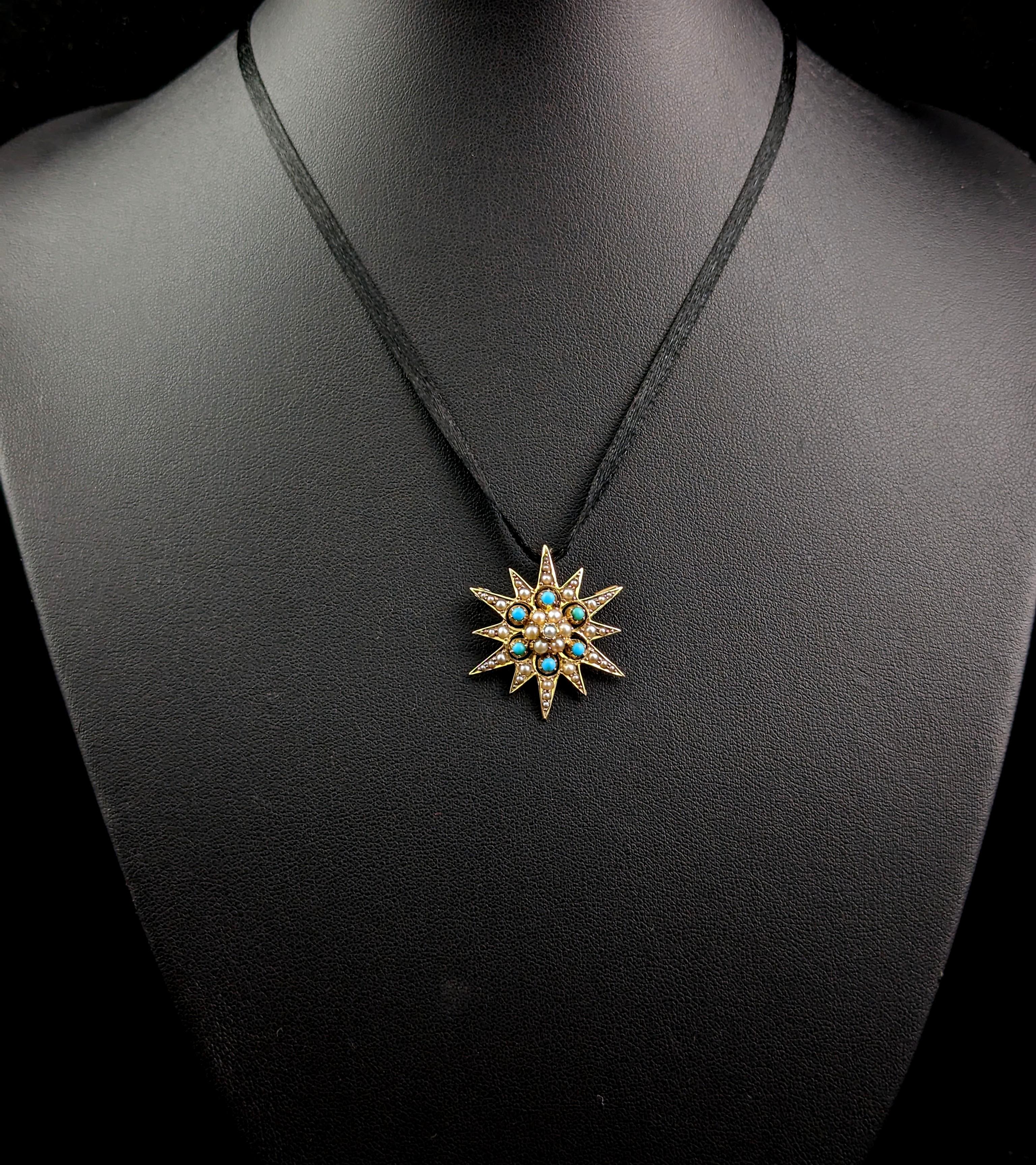 This antique Turquoise and Pearl star pendant brooch is truly a magnificent piece of Late Victorian jewellery.

Stars and celestial jewels have a timeless allure that just keeps on going and they are as wearable today as they were then.

This