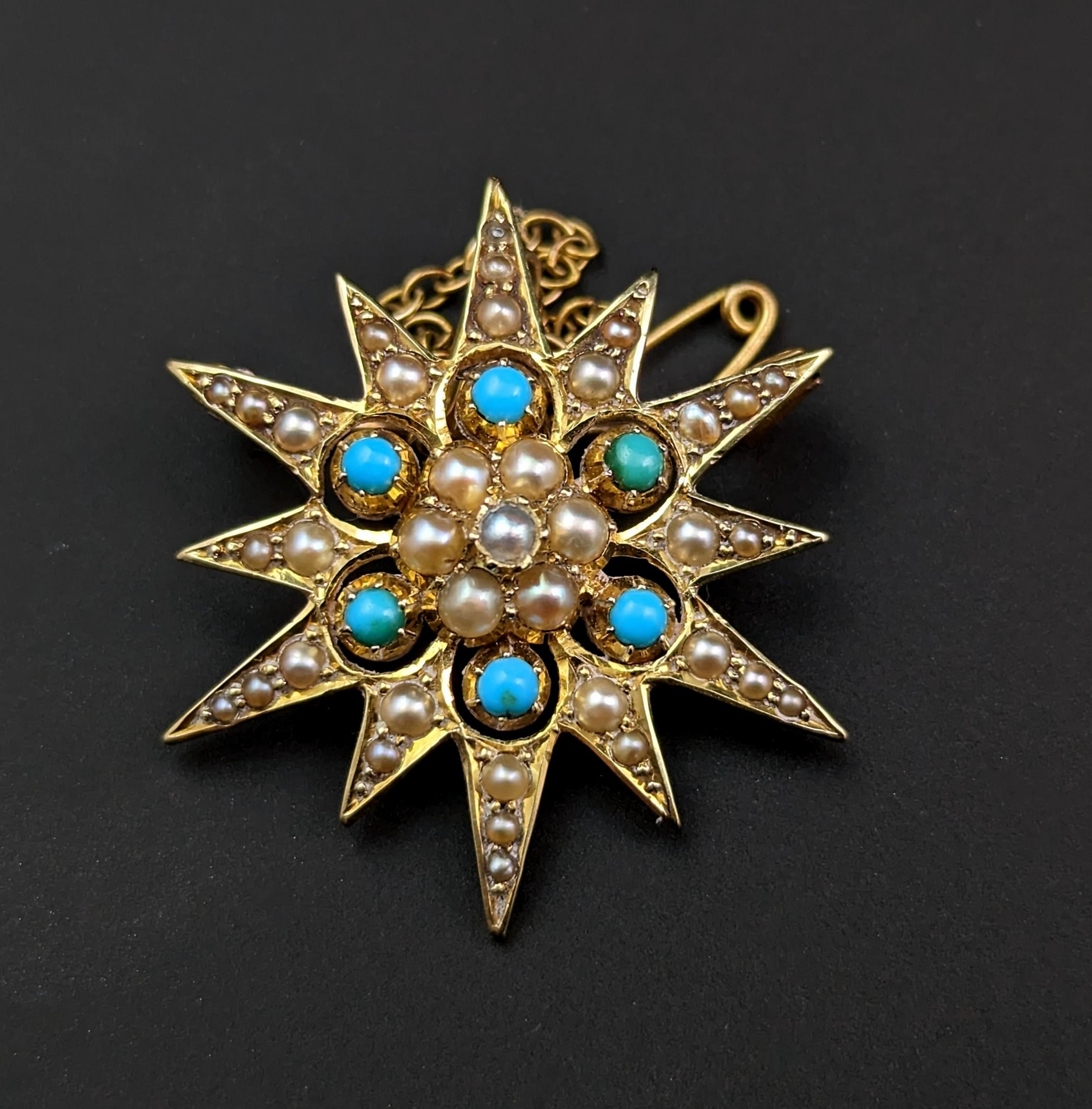 Victorian Antique Turquoise and Pearl Star Pendant Brooch, 15k Yellow Gold