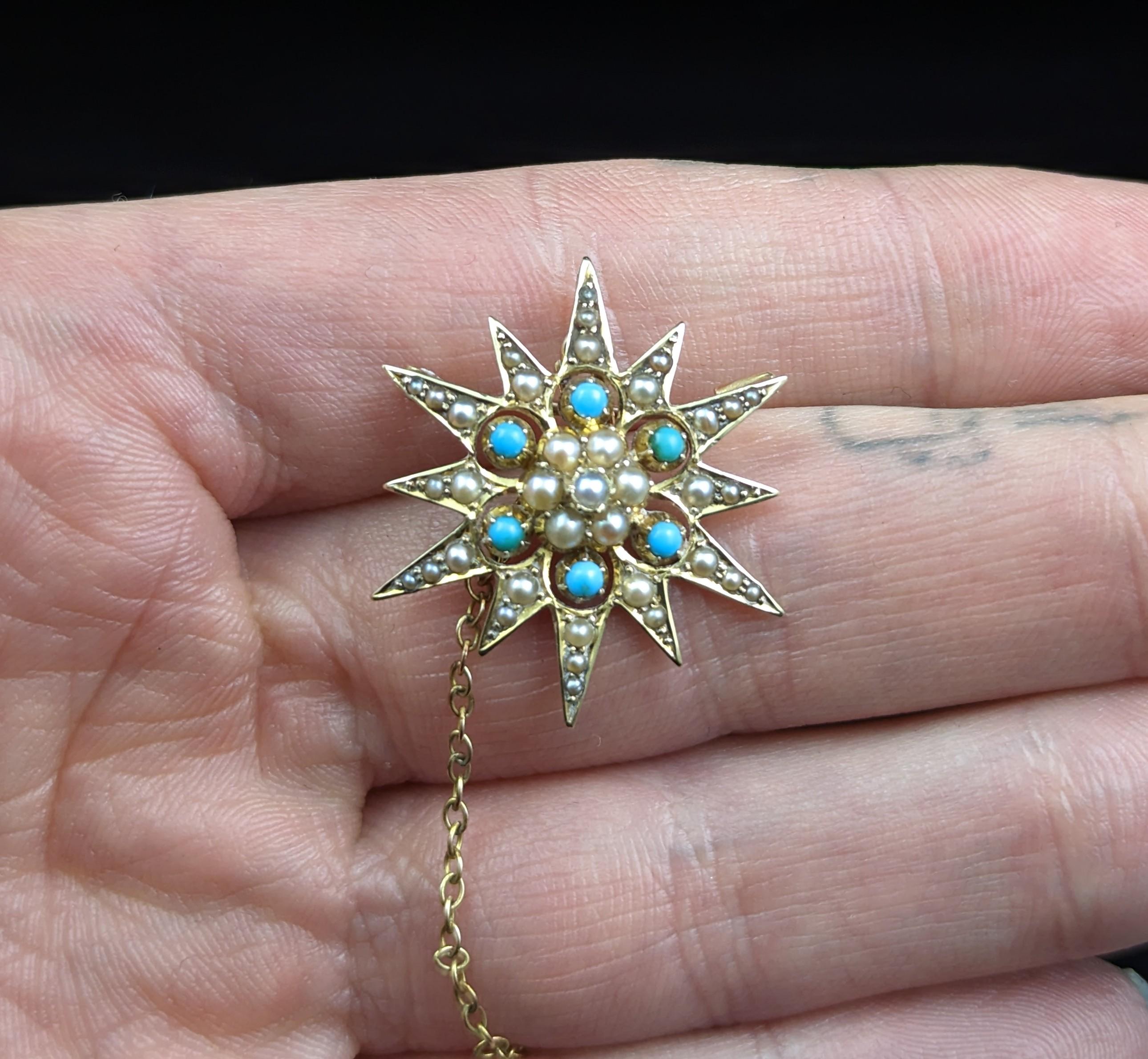 Cabochon Antique Turquoise and Pearl Star Pendant Brooch, 15k Yellow Gold