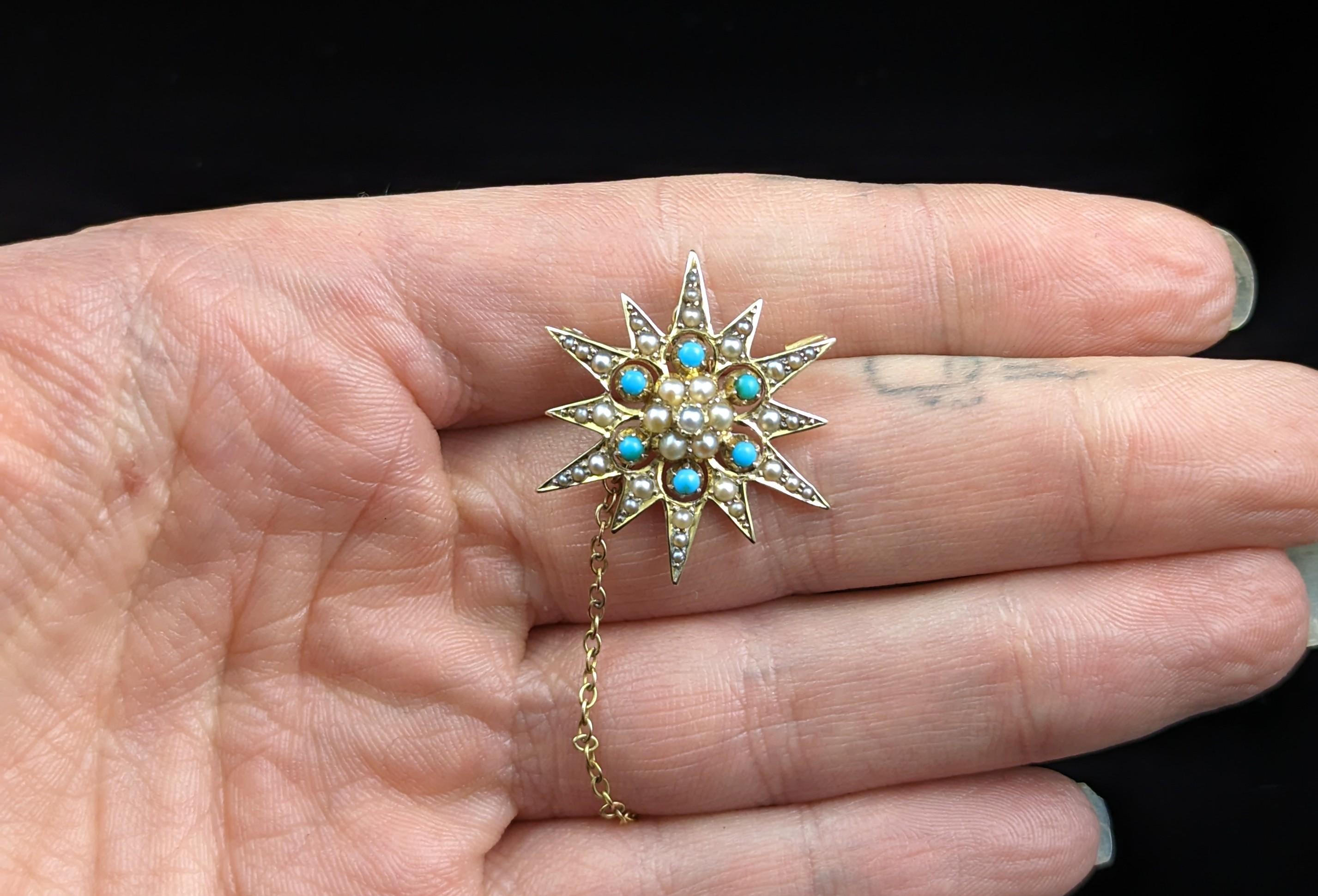 Antique Turquoise and Pearl Star Pendant Brooch, 15k Yellow Gold In Good Condition In NEWARK, GB