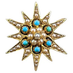 Antique Turquoise and Pearl Star Pendant Brooch, 15k Yellow Gold