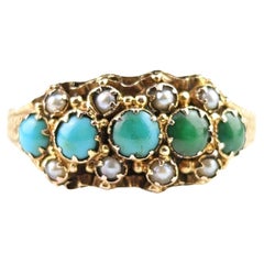 Antique Turquoise and Pearl Triple Row Ring, 15k Gold, Engraved Band