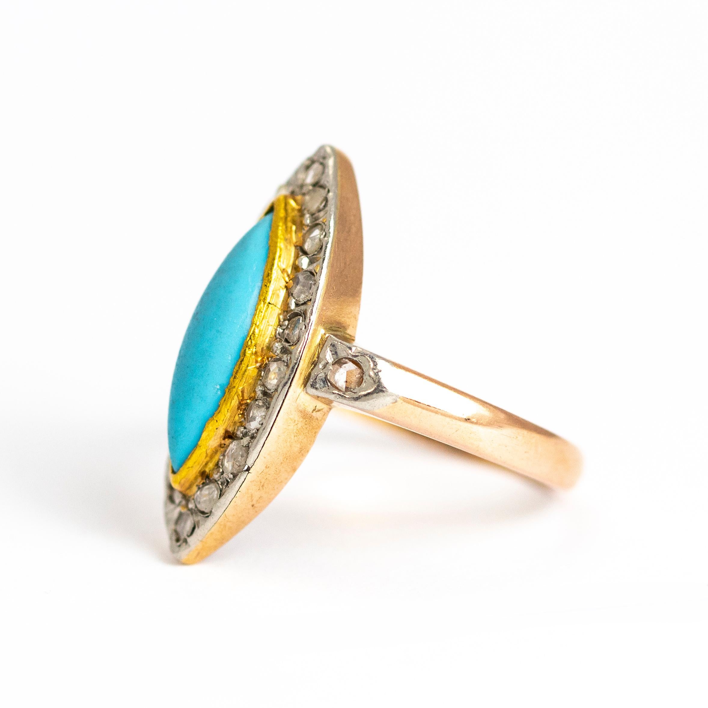 Absolutely charming antique turquoise navette cluster ring featuring sparkling rose cut diamonds. The turquoise is set in yellow gold which really helps the colour to pop and the rose cut diamonds are set in platinum.

Ring Size: L 1/2 or 6