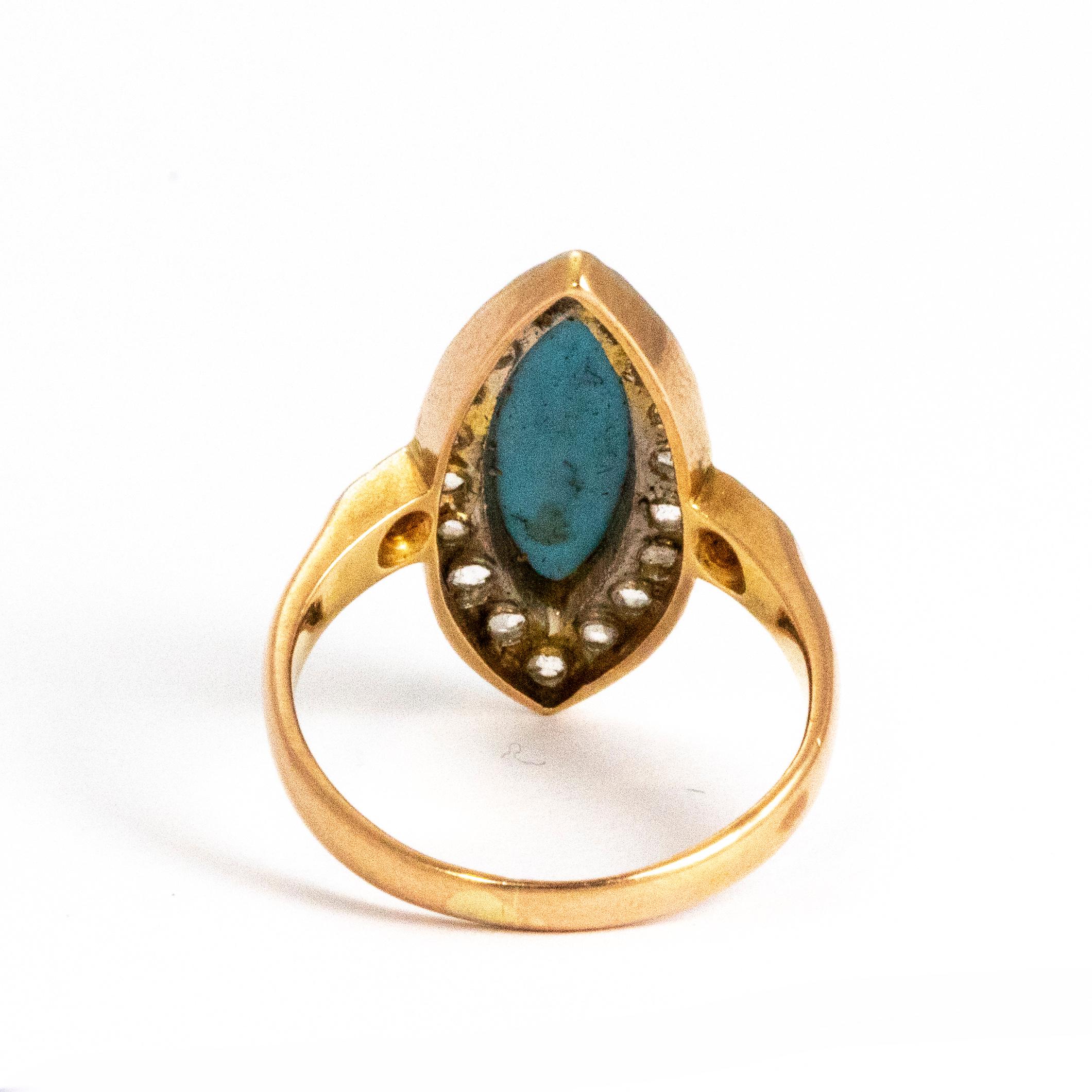 Antique Turquoise and Rose Cut Diamond 18 Carat Gold Ring In Good Condition In Chipping Campden, GB